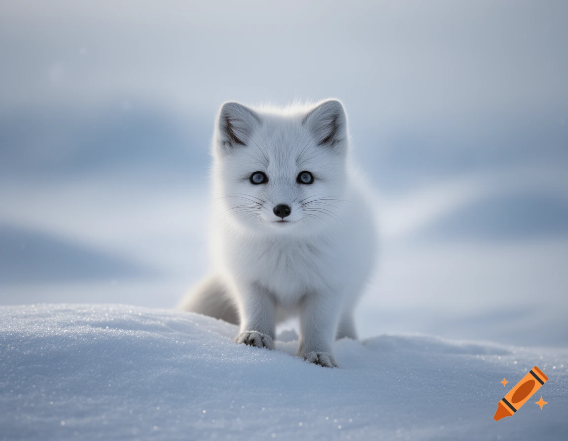 A photorealistic image of a fluffy white arctic fox with blue eyes, standing in a snowy landscape.
