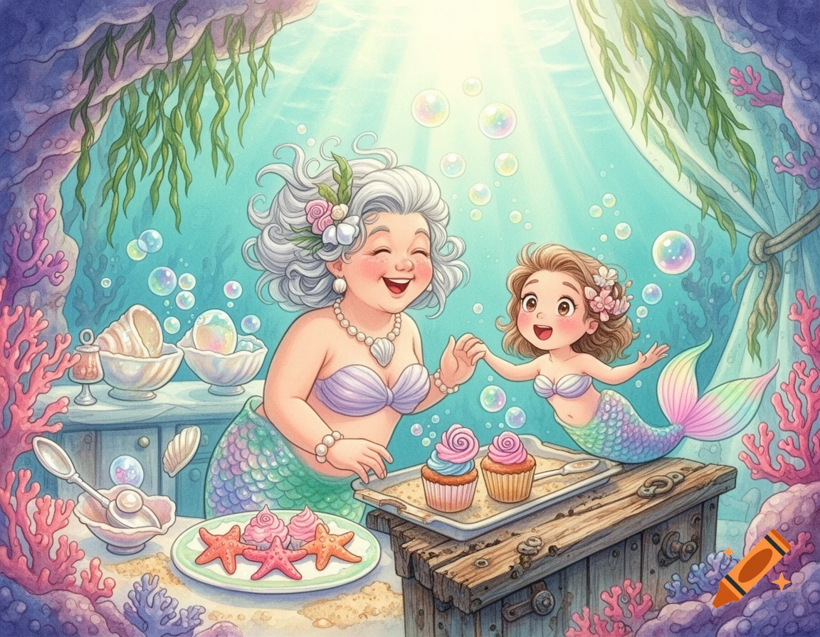 A smiling grandmother mermaid and granddaughter mermaid bake cupcakes in a whimsical underwater kitchen, depicted in a watercolor style.