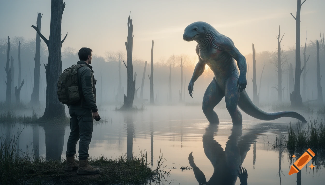 A human explorer with a backpack faces a large, blue-skinned humanoid creature in a misty wetland at dawn.