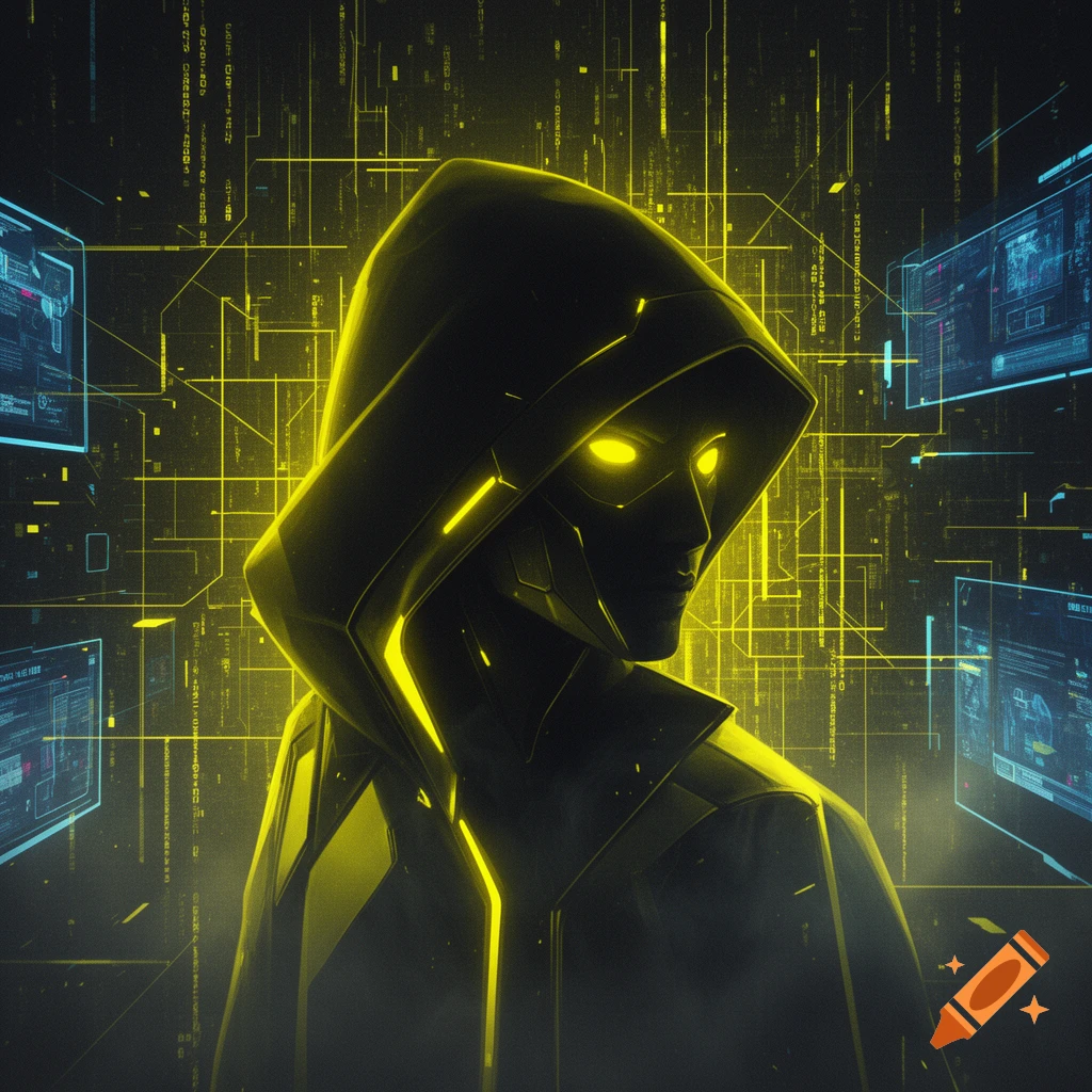 A dark, hooded cyber hacker avatar with glowing yellow eyes, depicted in neon yellow and black synthwave digital art style with digital code in the background.