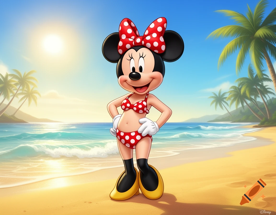 Minnie Mouse in a red polka-dot bikini stands smiling on a sunny tropical beach with palm trees and ocean.