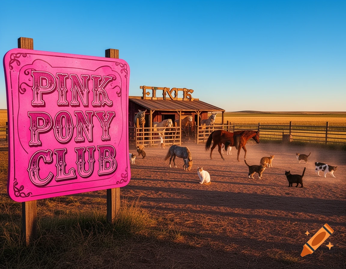 A vibrant pink sign reads "PINK PONY CLUB" next to a western-style barn with horses and cats on a dusty farm, surrounded by a golden prairie under a blue sky.