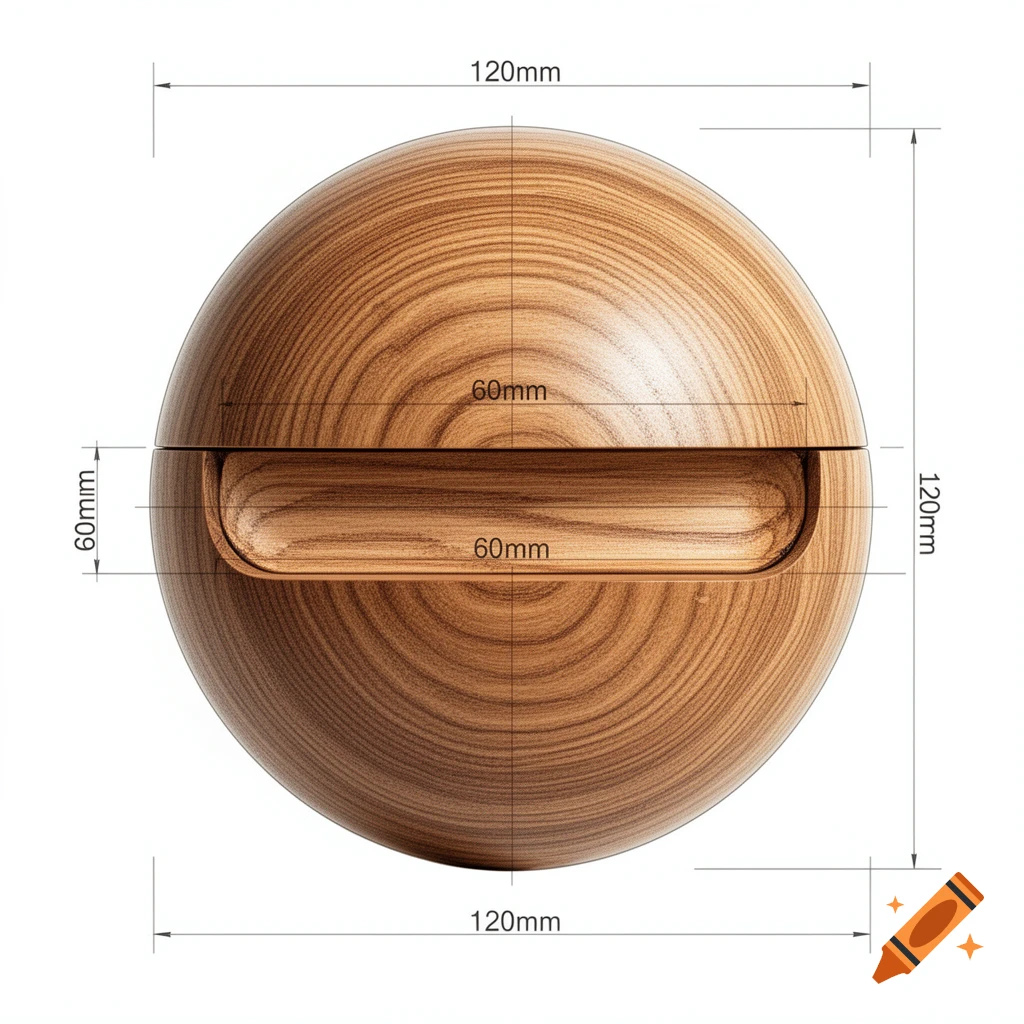 Technical drawing of a 120mm diameter wooden sphere with a 60mm wide central drawer, showing precise dimensions.