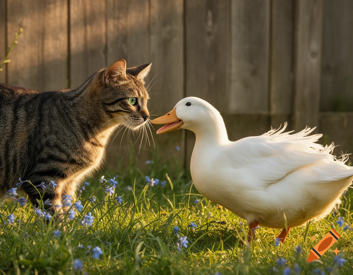 A tabby cat with green eyes and a white duck face each other in a sunny grassy field with blue flowers.