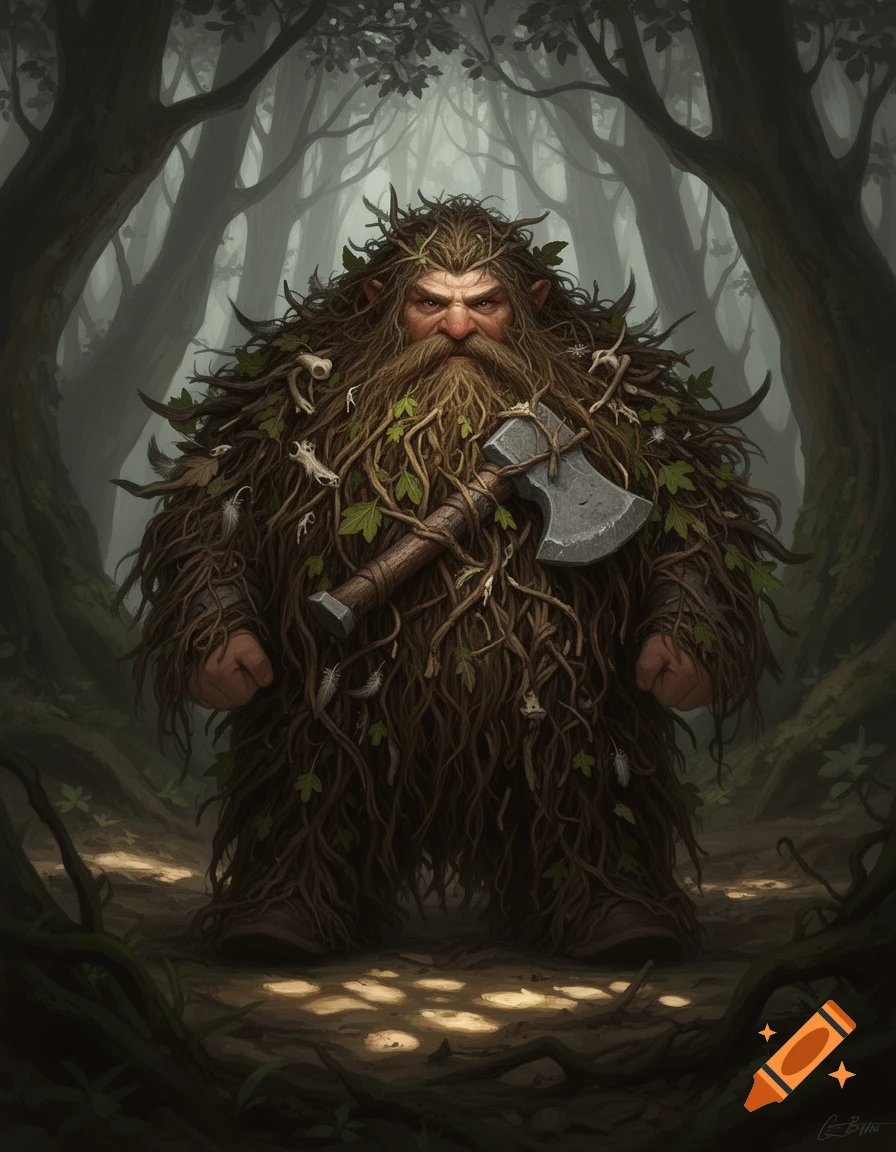 A dwarf wild-man covered in a massive, tangled beard of leaves and twigs, holding a stone axe in a misty forest, in a semi-realistic painterly style.