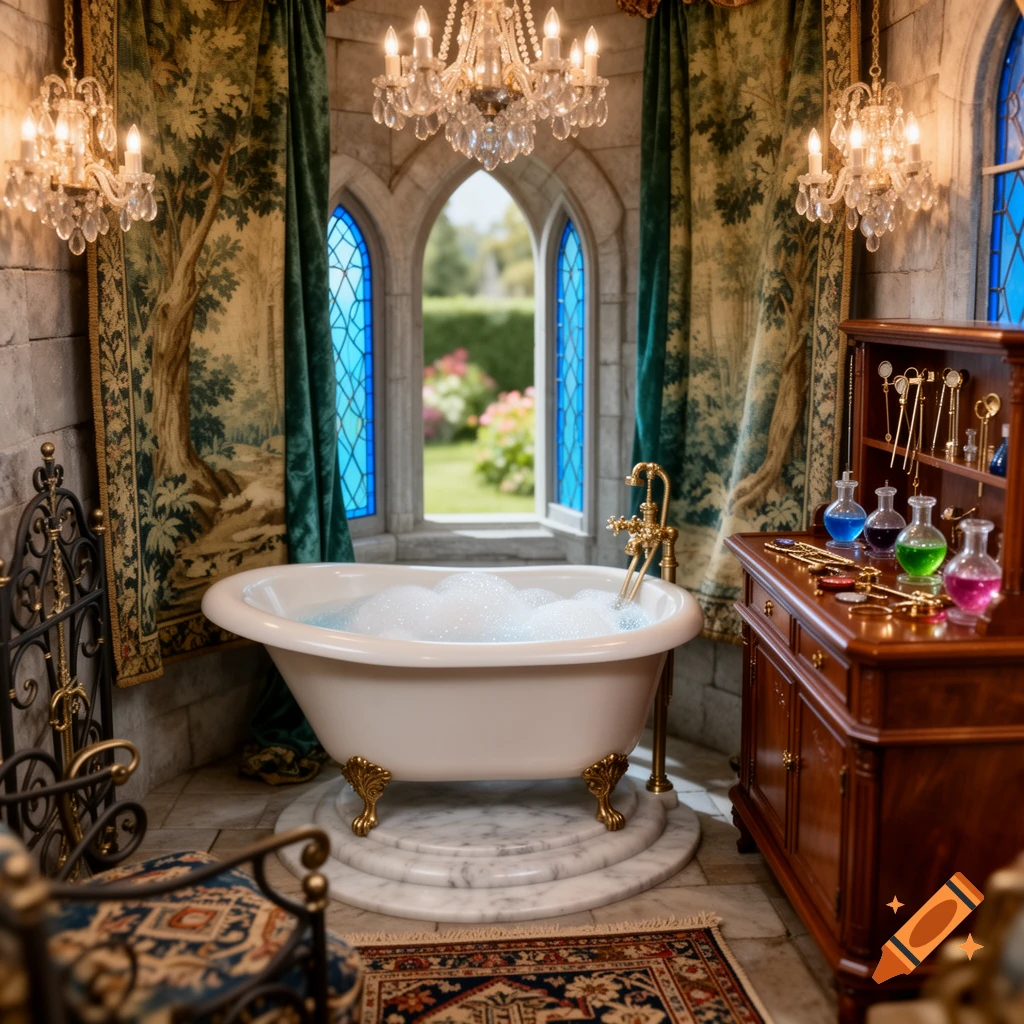 A miniature, lavish castle bathroom with a bubbling clawfoot tub, crystal chandeliers, a potions cabinet, and arched windows overlooking a garden.