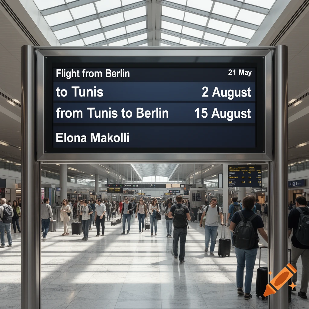 Photorealistic image of a flight information board in an airport terminal, displaying flight details and dates.