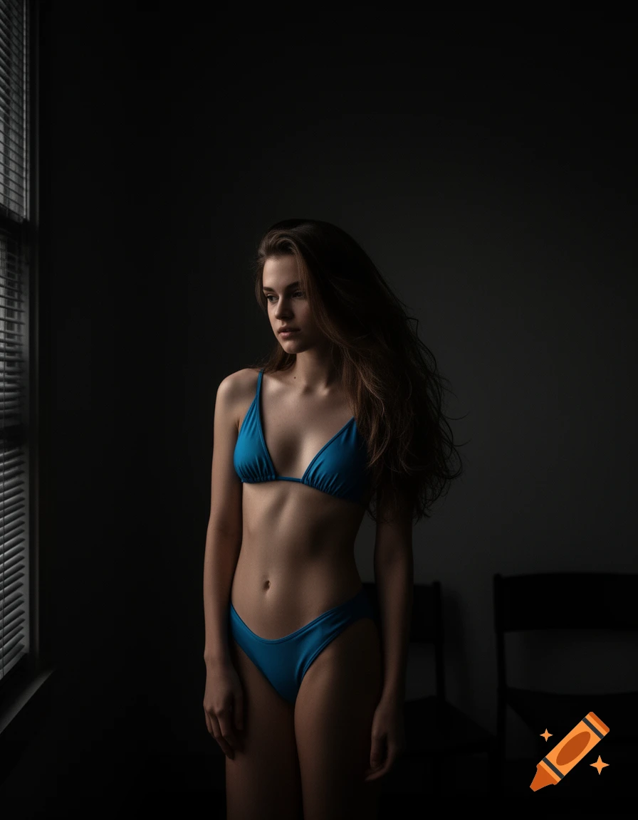 A young woman with long brown hair in a blue bikini stands by a window in a dimly lit room, looking away, photorealistic.