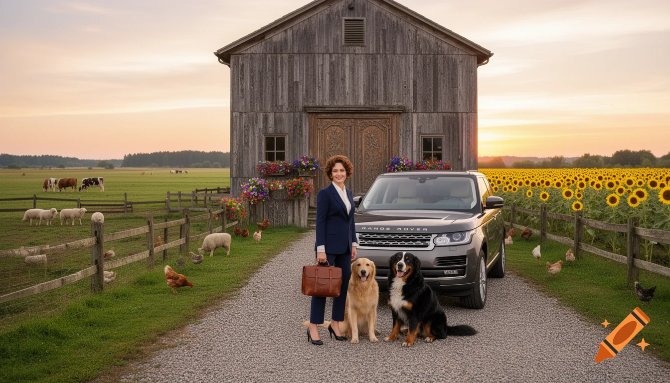 A smiling woman in a navy suit, two dogs, and a Range Rover on a gravel path in front of a barn with sunflowers and farm animals at sunset.