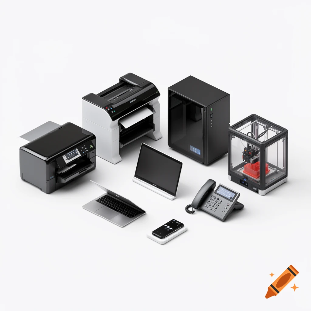 A collection of various office electronics and technology devices, including printers, a desktop PC, laptop, smartphone, telephone, and a 3D printer, on a white background.