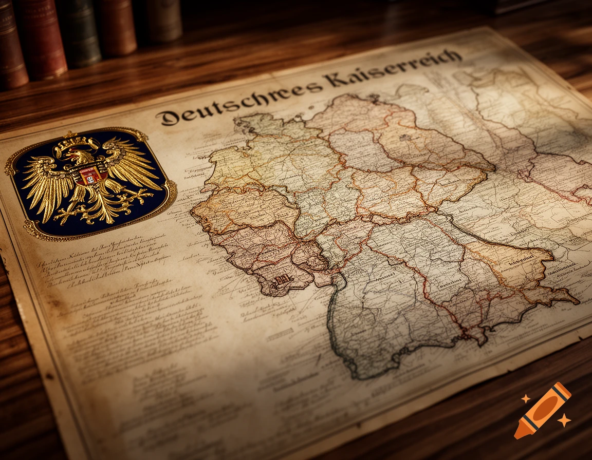An antique map of the German Empire, Deutsches Kaiserreich, with a golden imperial eagle emblem on the left, resting on a wooden desk with old books.