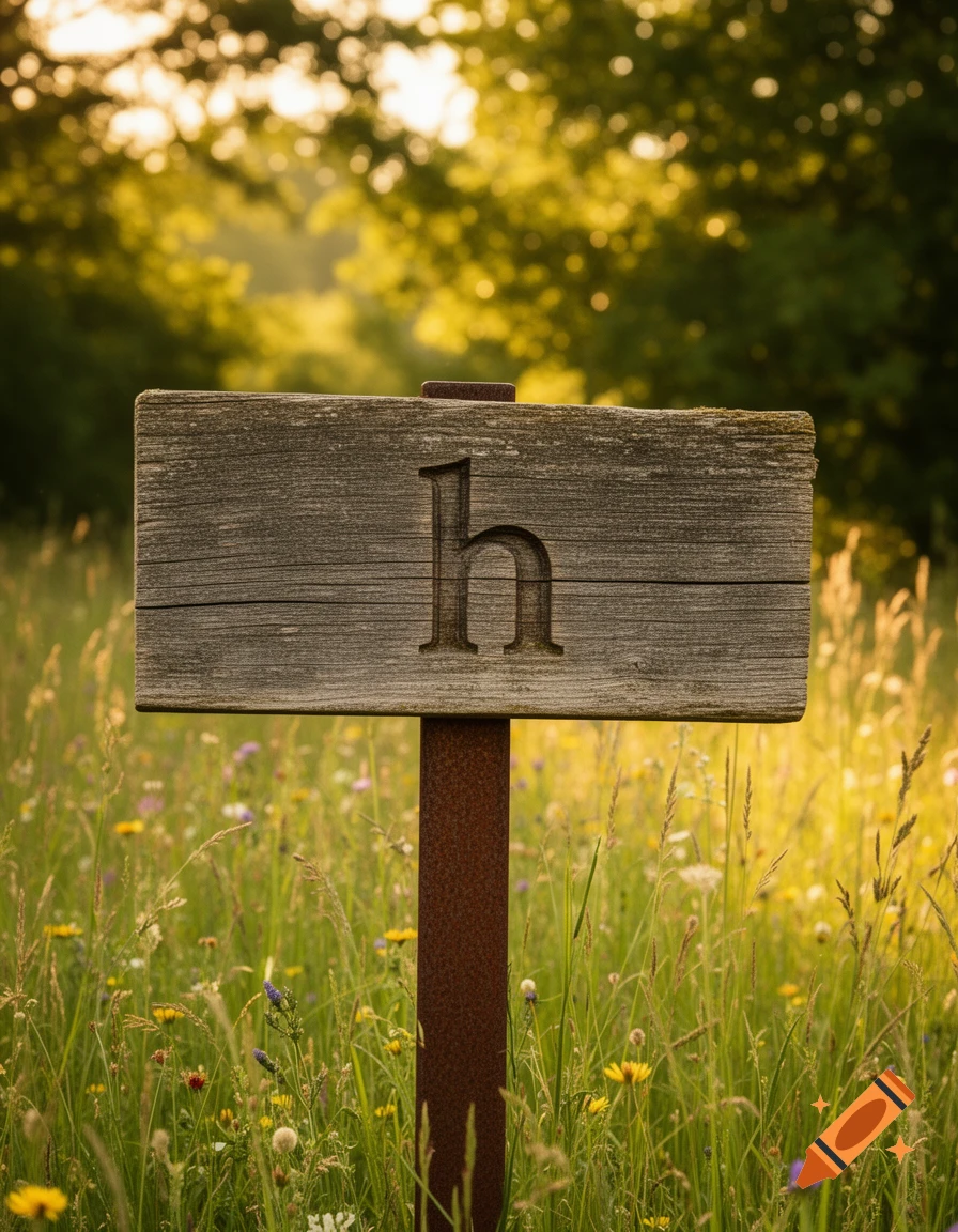 A wooden sign with the letter 'h' carved into it stands in a sunlit field of tall grass and wildflowers.