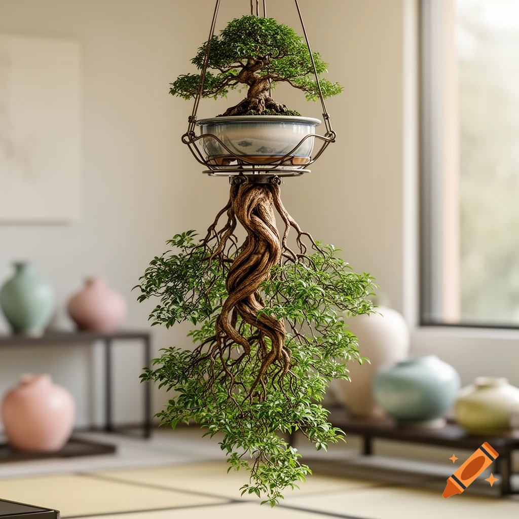 A unique suspended bonsai tree with its roots intricately growing downwards to form a green canopy in a well-lit room.