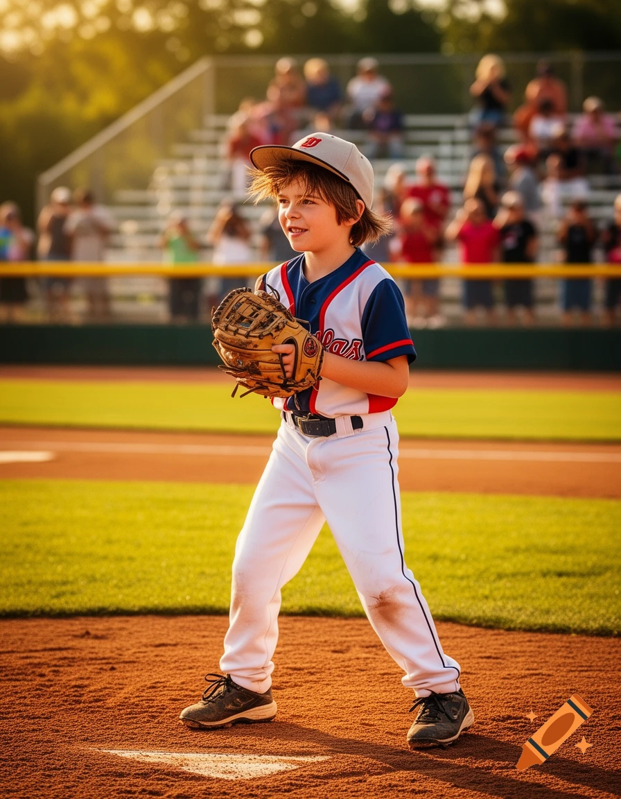 A young boy in a baseball uniform and glove stands on a baseball field, looking right, with a crowd in the background at sunset, photorealistic.