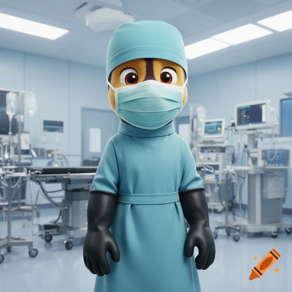 A 3D rendered image of Paw Patrol's Chase as a surgeon, wearing a blue gown, cap, mask, and black gloves, standing in an operating room.