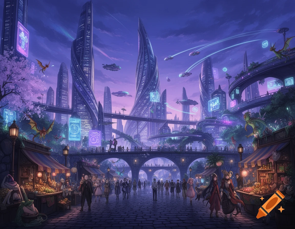 An anime-style fantasy sci-fi city with futuristic skyscrapers, flying vehicles, and markets below a bridge crowded with people. Dragons fly in the purple sky.