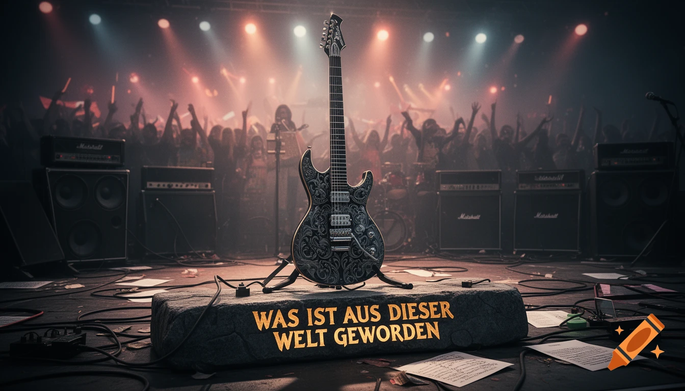 A detailed electric guitar stands on a stone block inscribed with German text on a dimly lit rock concert stage, with a blurry crowd and amplifiers in the background.