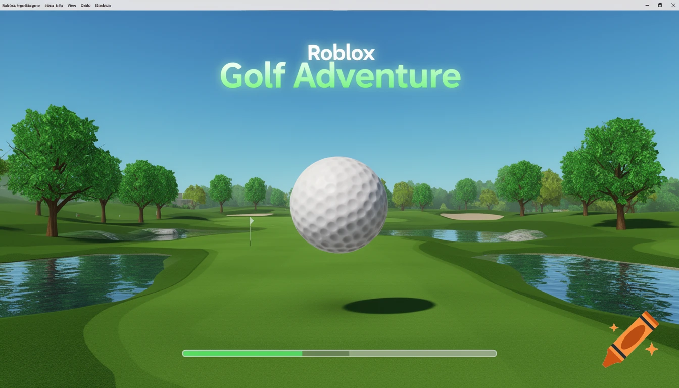 A Roblox Golf Adventure game loading screen shows a sunny golf course with a floating golf ball and a green loading bar.
