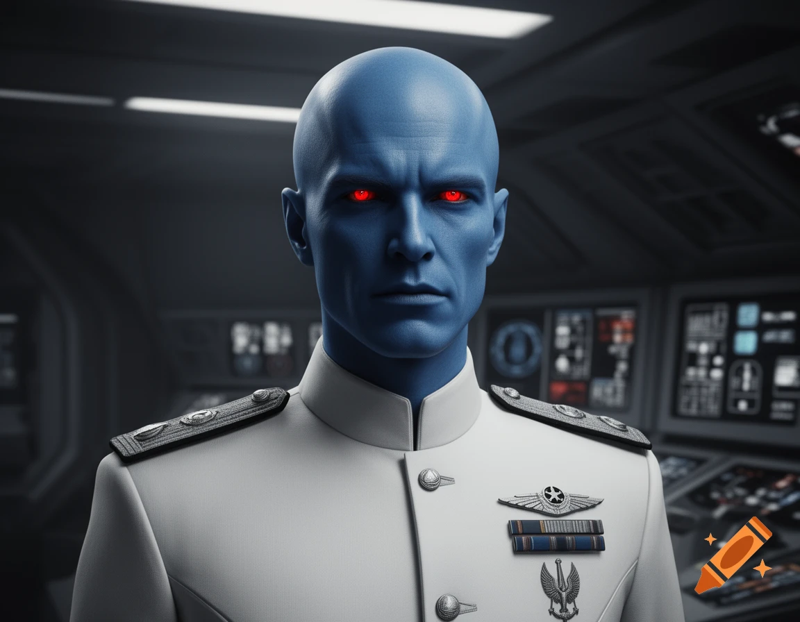 A stern-faced, blue-skinned man with glowing red eyes, dressed in a white sci-fi military uniform, stands in a spaceship bridge.