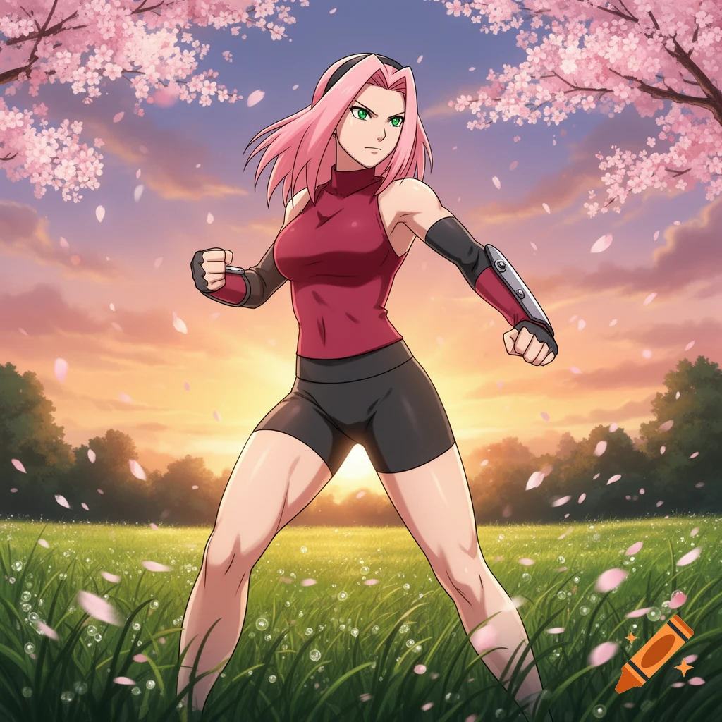 Anime character Sakura Haruno stands confidently in a grassy field with cherry blossom trees at sunset.