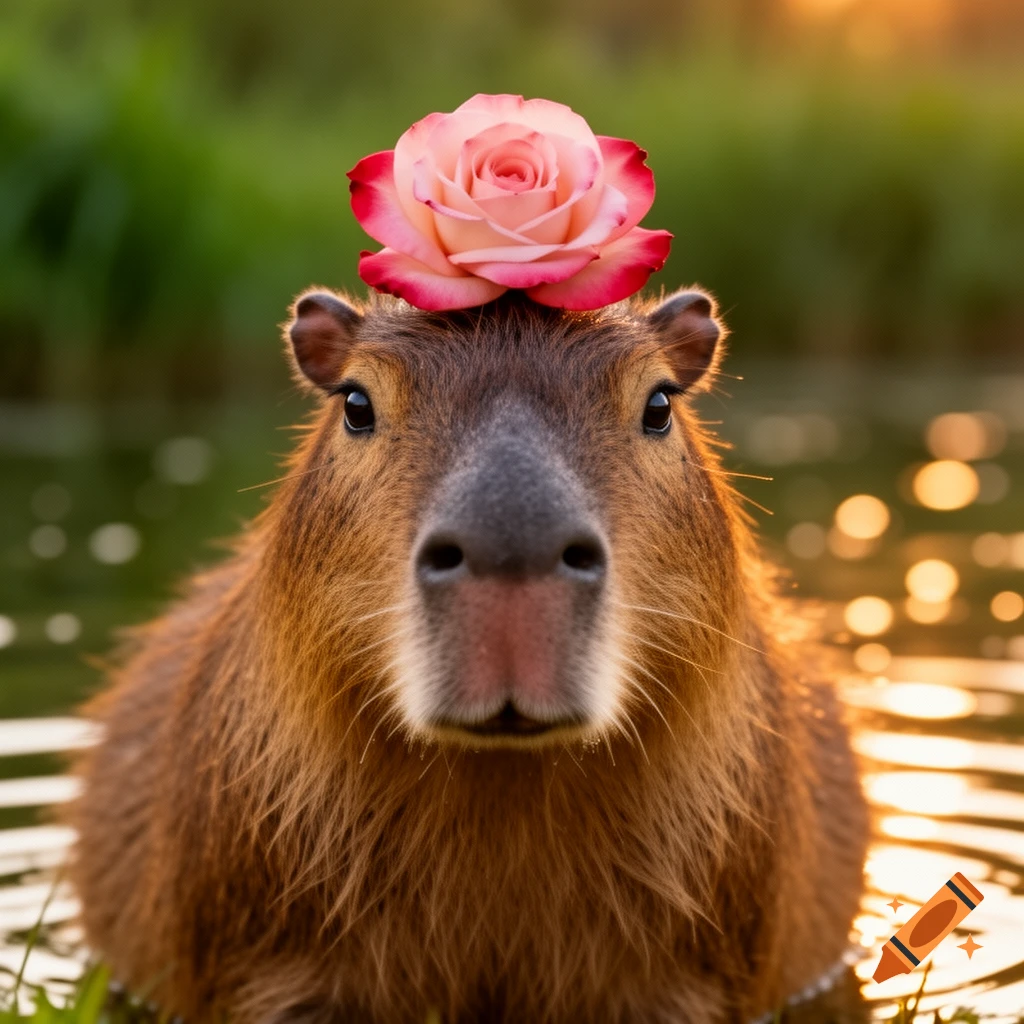 A close-up, front-facing shot of a capybara with a pink and red rose on its head, wading in golden water at sunset.