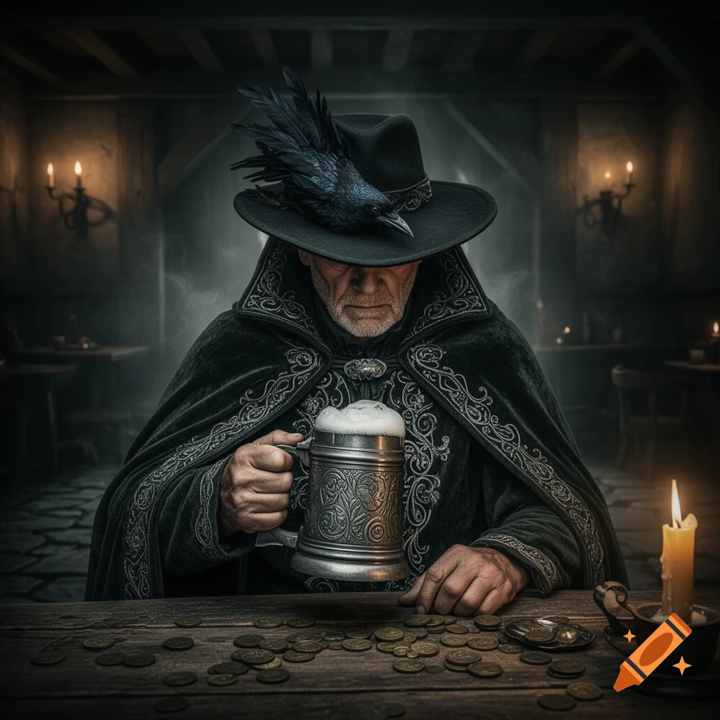 A grim, cloaked old man in a wide-brimmed hat with a raven, holding a beer tankard at a table full of coins in a dark fantasy tavern.