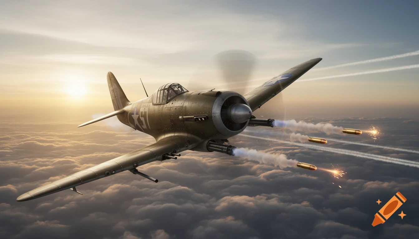 A vintage military fighter plane fires bullets while flying through a cloudy sky at sunrise.