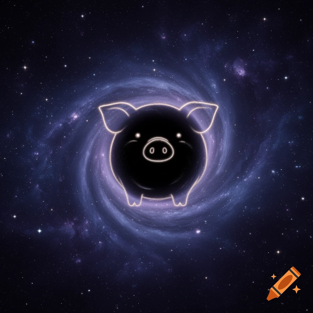 A glowing outline of a pig against a swirling purple galaxy and starry space.