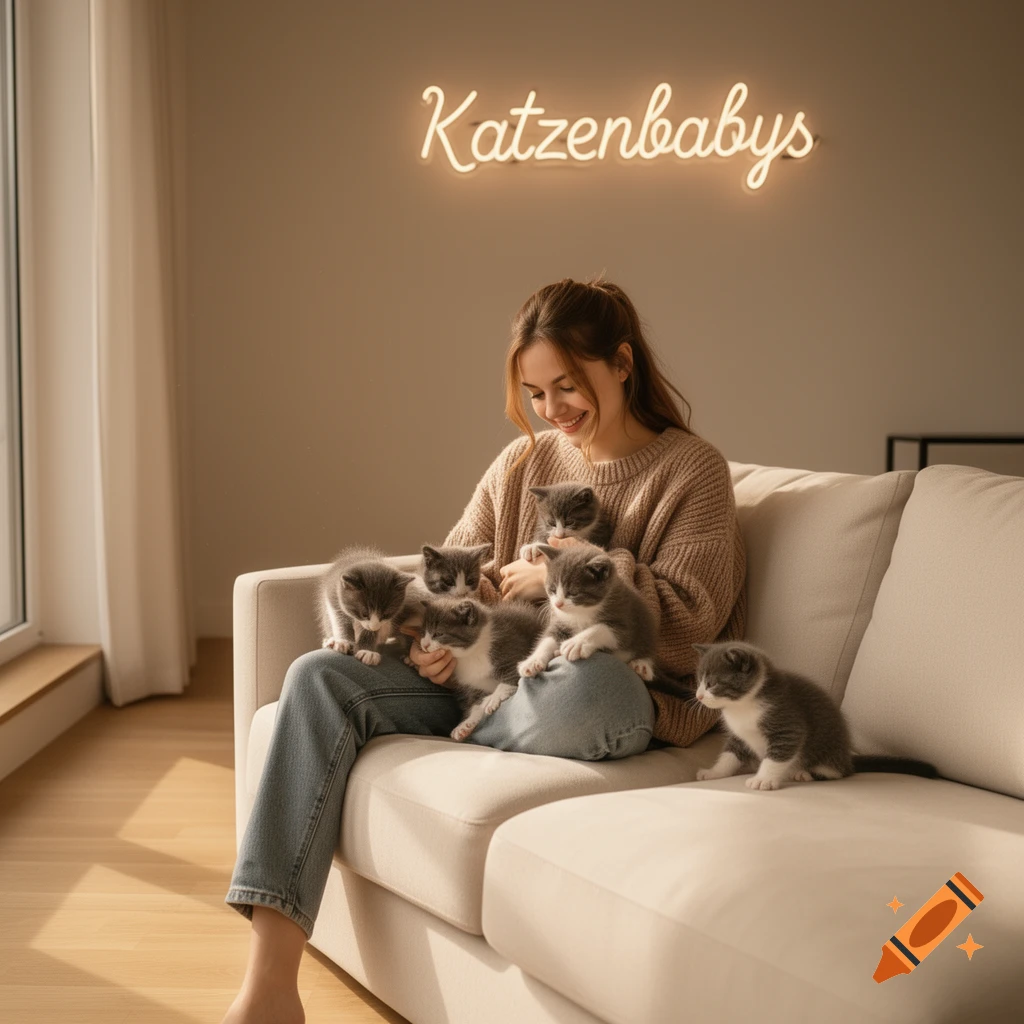 A smiling woman sits on a couch, surrounded by several grey and white kittens, under a neon sign that reads 'Katzenbabys'.