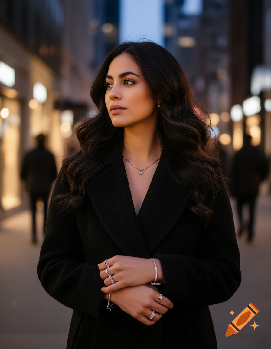 A woman with long dark hair, wearing a black coat and jewelry, stands on a city street at dusk, looking left.