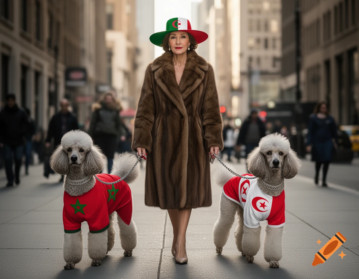 A woman in a fur coat and Algerian flag hat walks two poodles wearing Moroccan and Tunisian flag outfits on a city street.