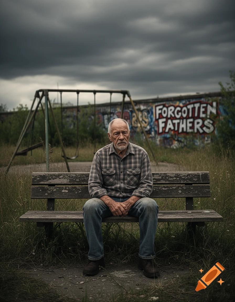 Photorealistic image of a somber old man on a bench in a desolate park. Graffiti 'FORGOTTEN FATHERS' on a wall, dark cloudy sky.