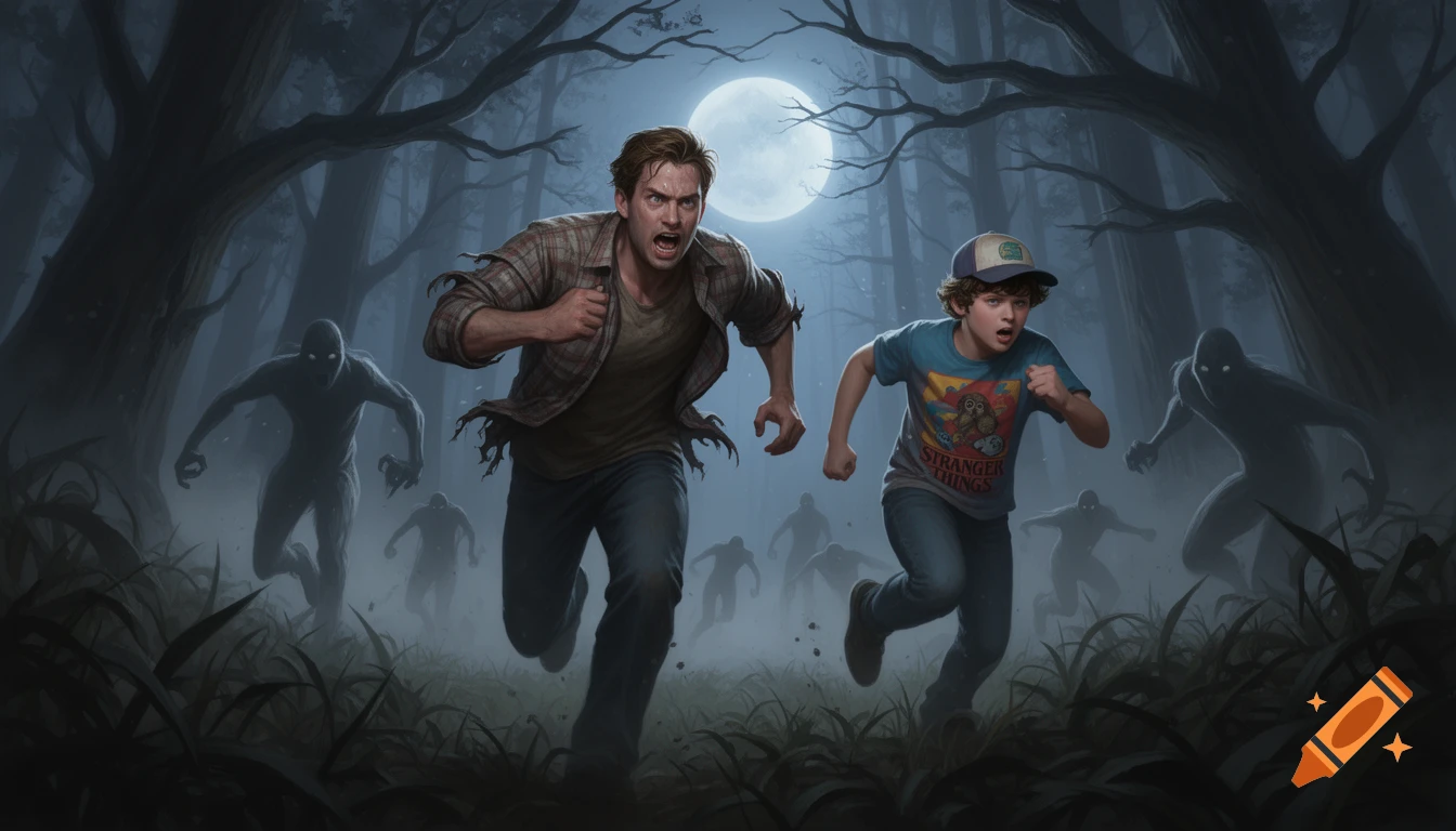 A man and a boy run terrified through a dark, moonlit forest, pursued by shadowy figures with glowing eyes in a digital painting.