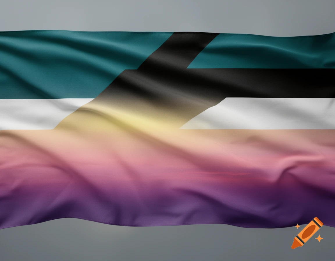 A fabric flag waving, combining teal, black, white, yellow, pink, and purple stripes in an abstract design.