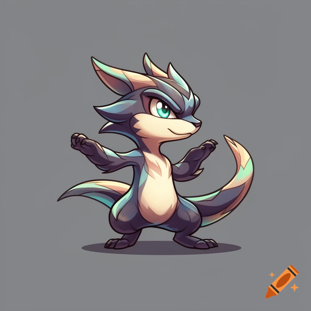 A friendly, stylized dark blue and white fantasy creature sprite with green eyes, posing to fight on a grey background.