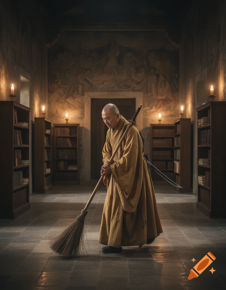 A bald man in a monk's robe sweeps a stone floor in a candlelit library, a sword strapped to his back. Photorealistic.
