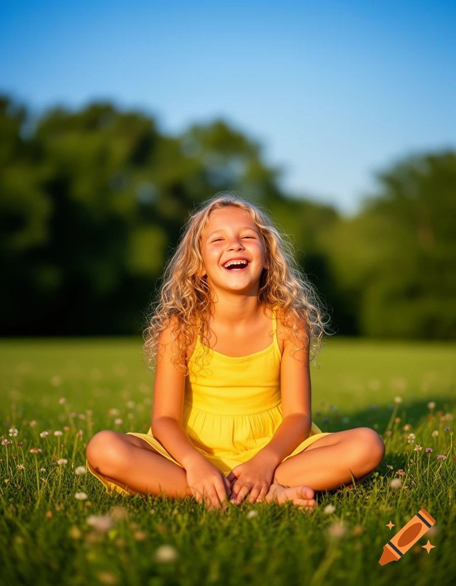 A happy blonde girl with curly hair in a yellow dress sits laughing in a grassy field under a blue sky, photorealistic.