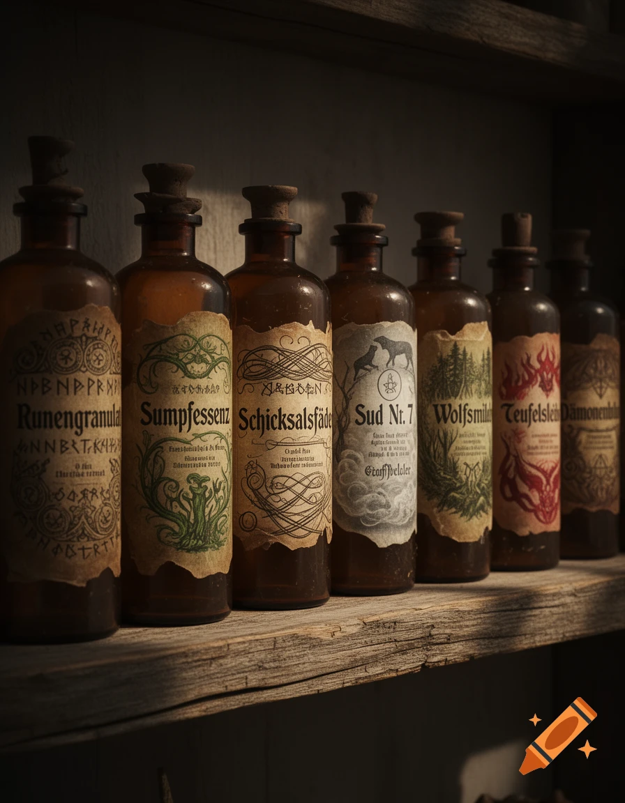 A row of old, amber potion bottles with intricate, vintage labels, sitting on a rustic wooden shelf in a dimly lit setting.