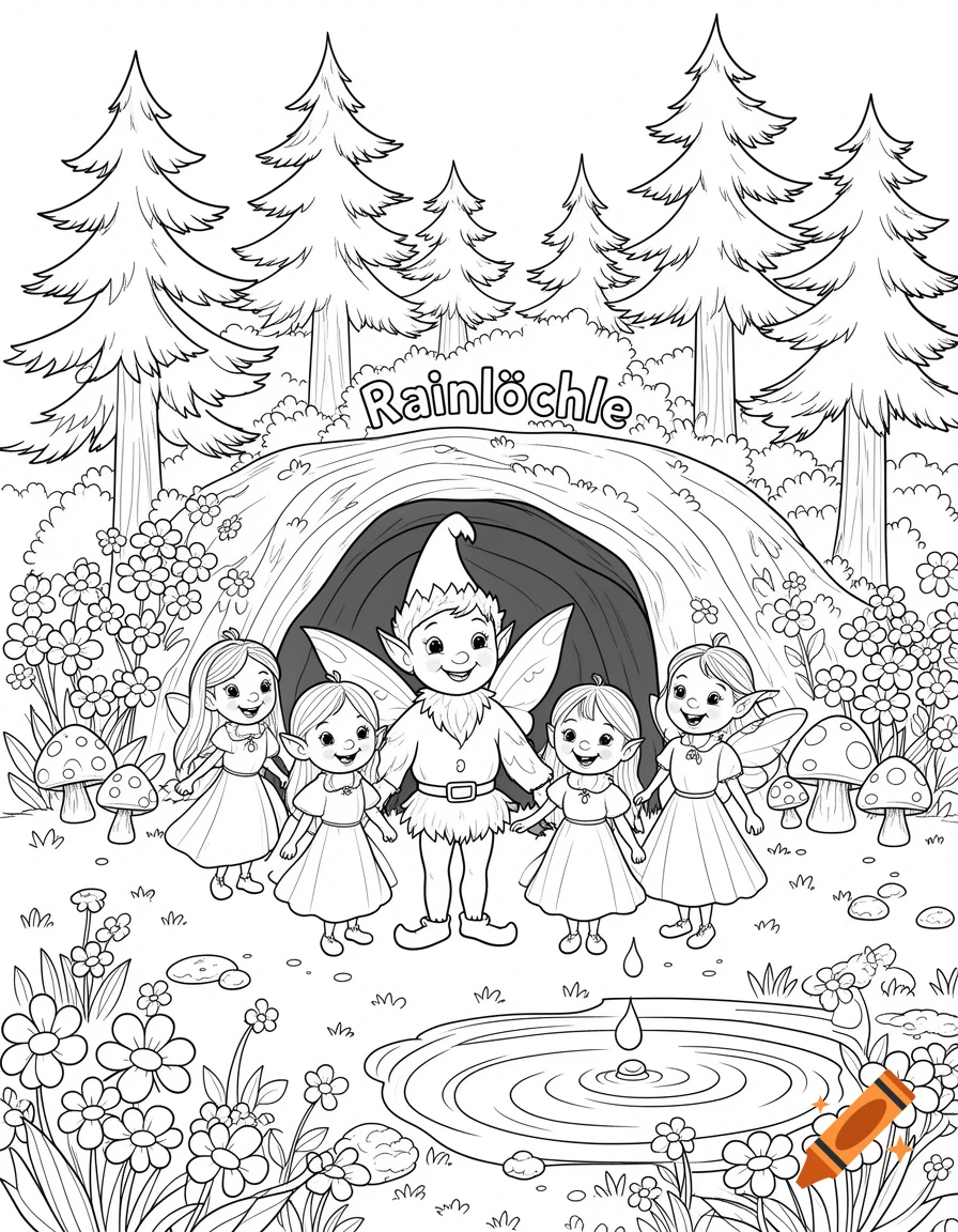 Black and white coloring page showing a friendly male gnome with four female fairies in front of a forest cave labeled 'Rainlöchle', surrounded by trees, flowers, mushrooms, and a small pond, in a clean line drawing style.