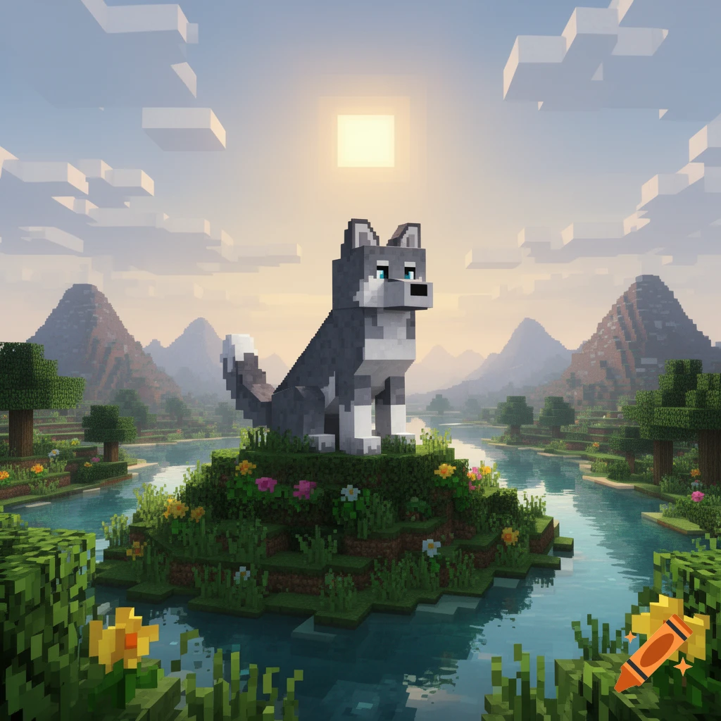 A pixelated Minecraft wolf sits on a grassy island in a river, surrounded by blocky mountains under a square sun.