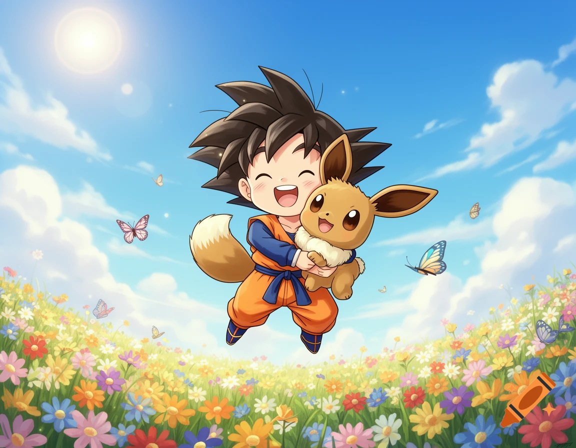 Chibi Goku jumps happily in a sunny meadow, hugging Eevee amidst colorful flowers and butterflies, in a vibrant anime illustration.