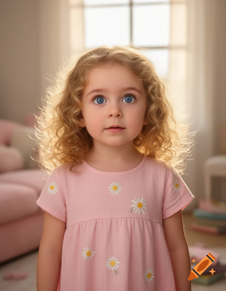 Portrait of a young girl with blonde curls and wide blue eyes in a pink daisy dress.