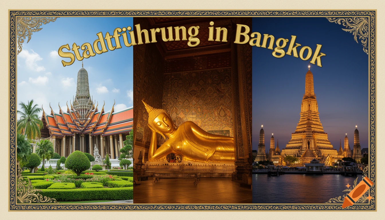 Ornate collage of photorealistic Bangkok landmarks: Grand Palace, Reclining Buddha, Wat Arun, with 'Stadtführung in Bangkok' text.