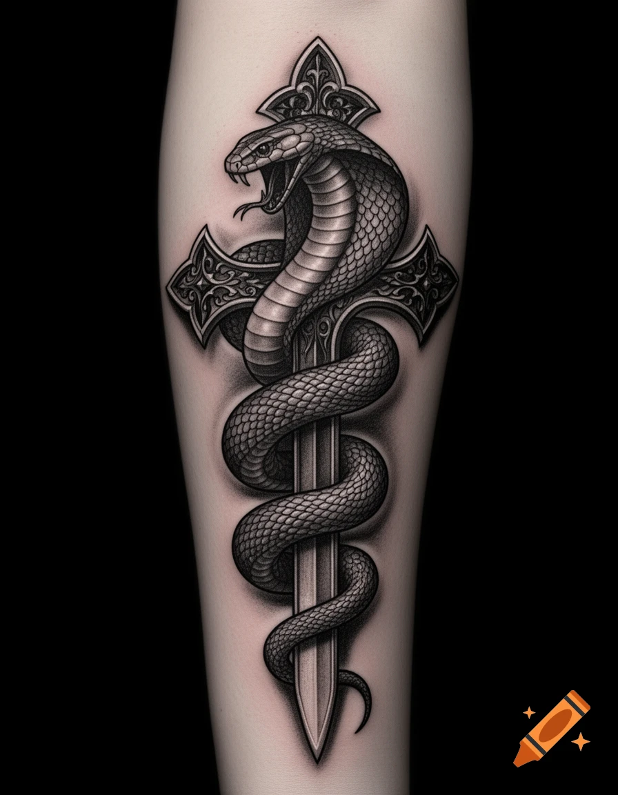 Realistic black and grey tattoo of a cobra with an open mouth wrapped around a gothic, sword-like cross on an arm.