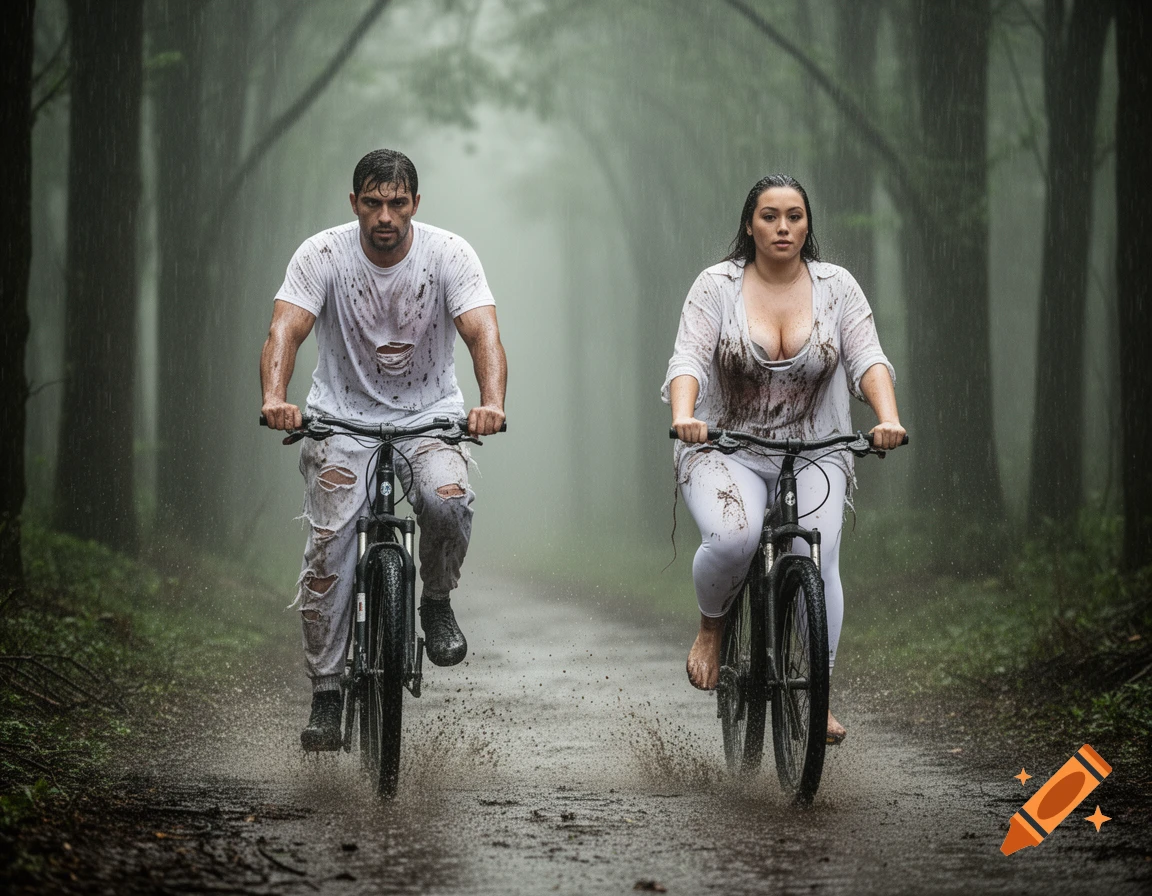 A man and a woman ride bicycles down a muddy, rain-soaked path in a dense forest, both covered in mud and wearing torn clothes.