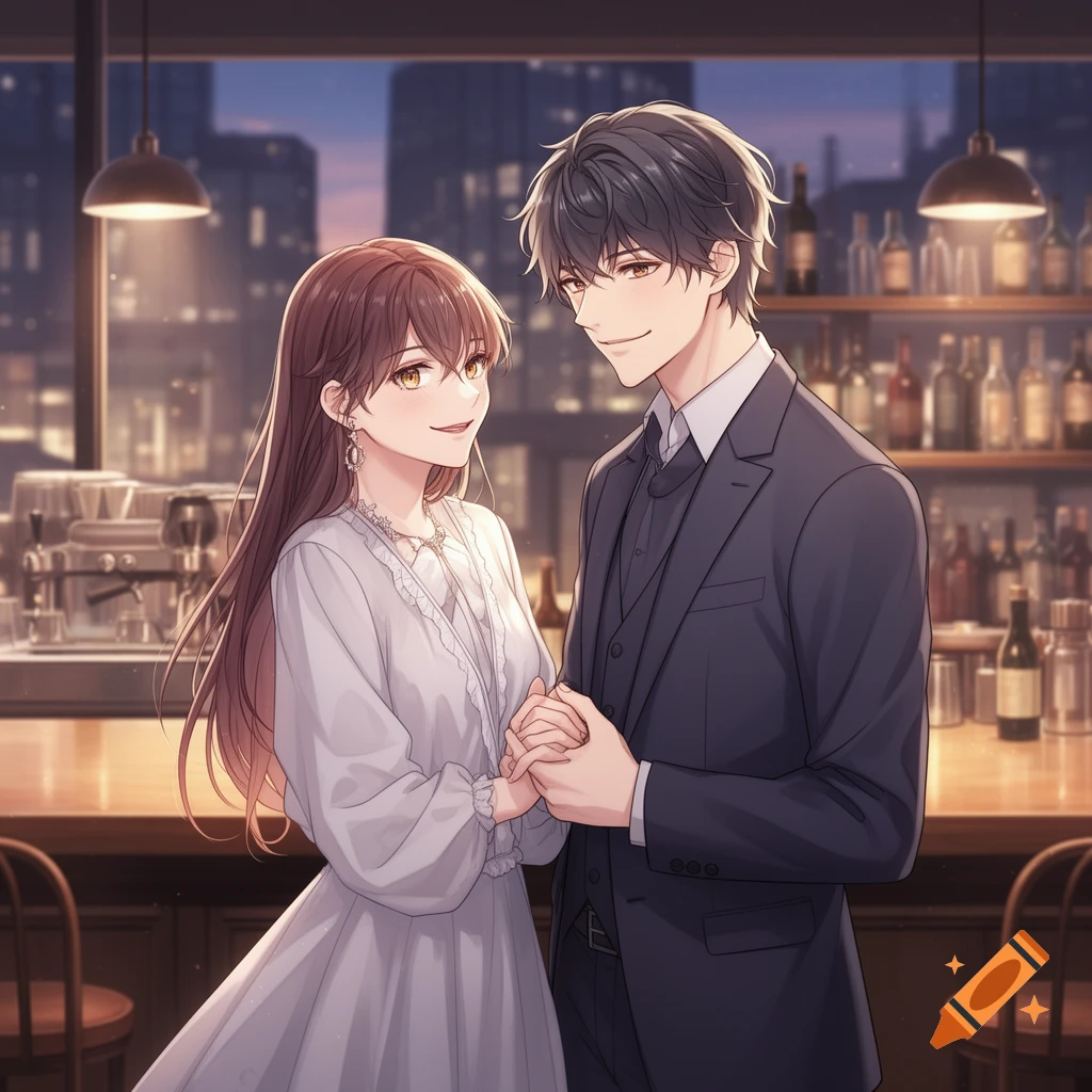 Anime illustration of a smiling couple holding hands in a bar with an urban skyline at dusk.
