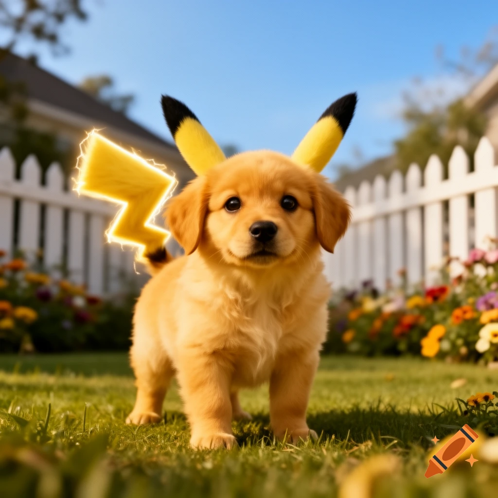 Photorealistic golden retriever puppy dressed as Pikachu with yellow ears and a lightning bolt tail in a sunny green yard.