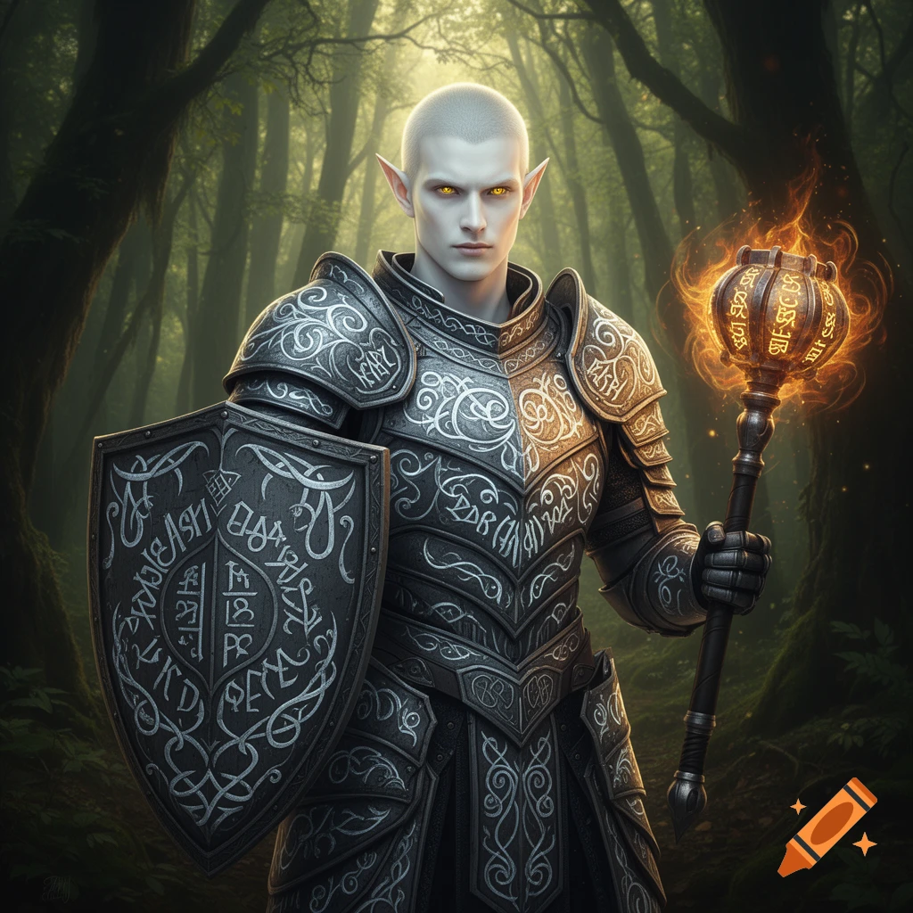 A pale-skinned elf warrior in ornate magical plate armor, holding a rune-covered shield and a glowing mace, stands in a mystical forest.
