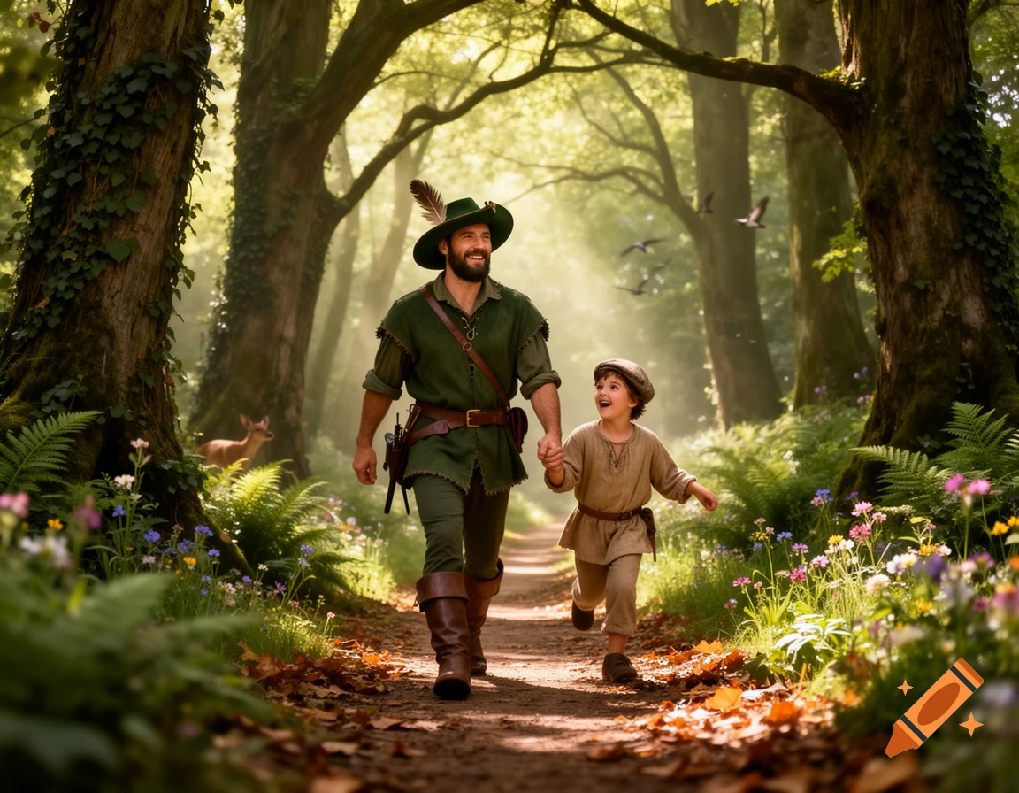 A man dressed as Robin Hood walks hand-in-hand with a peasant boy down a sunlit forest path with a deer in the background.