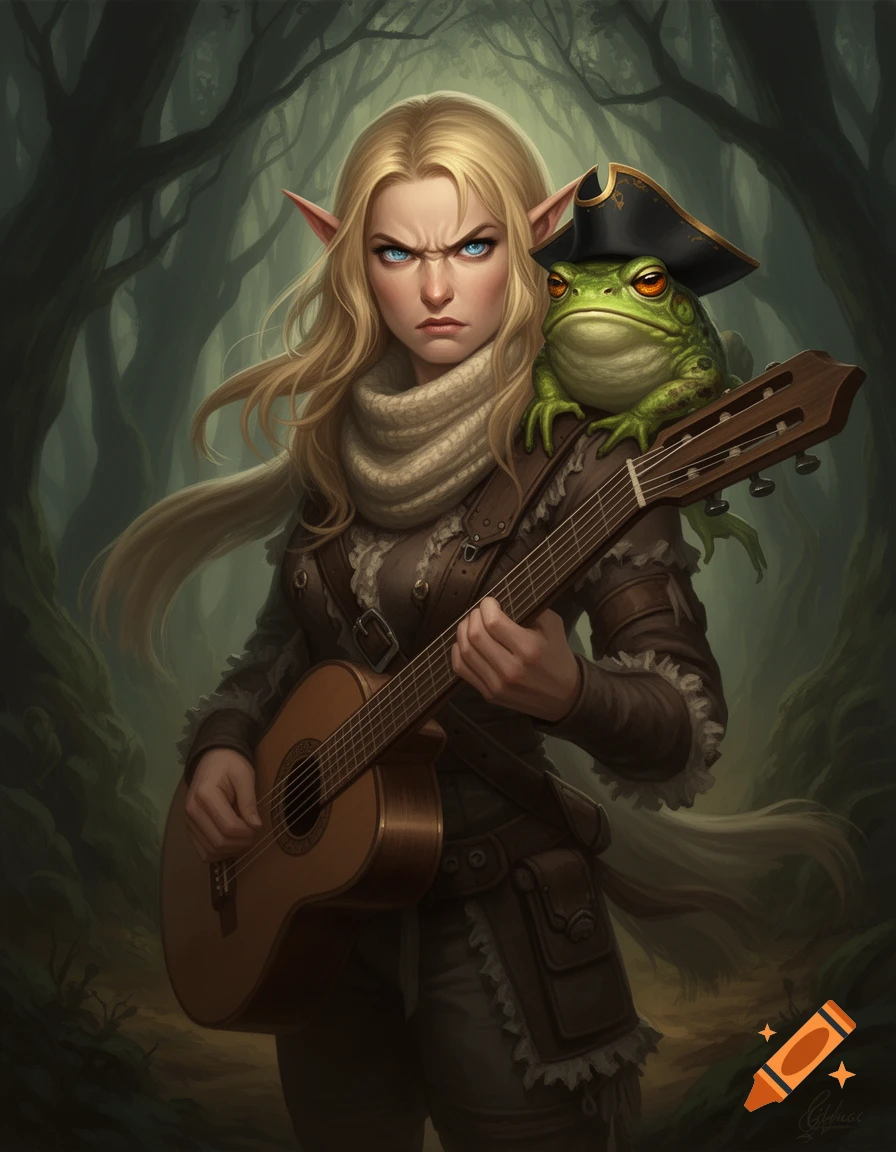 A grumpy blonde elf bard with a classical guitar and a toad in a pirate hat on her shoulder stands in a dark forest.